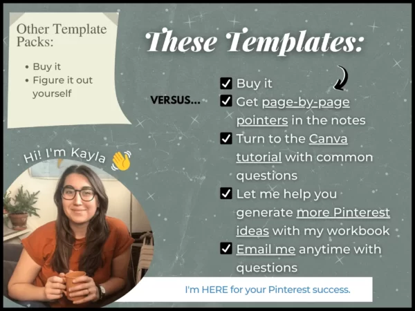 Text on page reads "these Pinterest templates: buy it, get page-by-page pointers, let me help you generate more Pinterest ideas with my workbook."