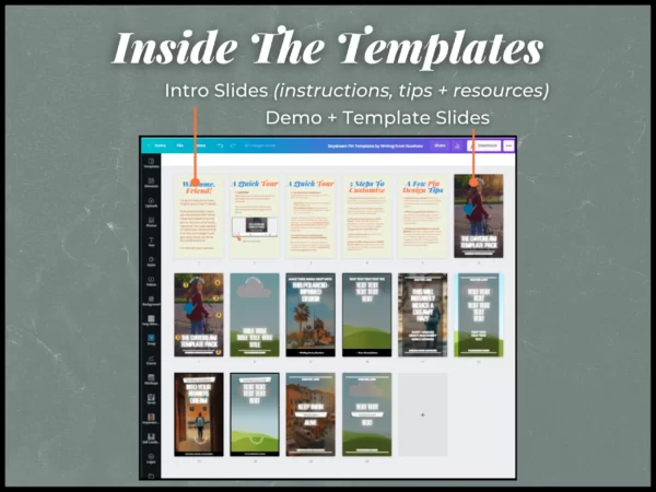 Screenshot of Canva showing the different pages of the Pinterest templates with the text "inside the templates"