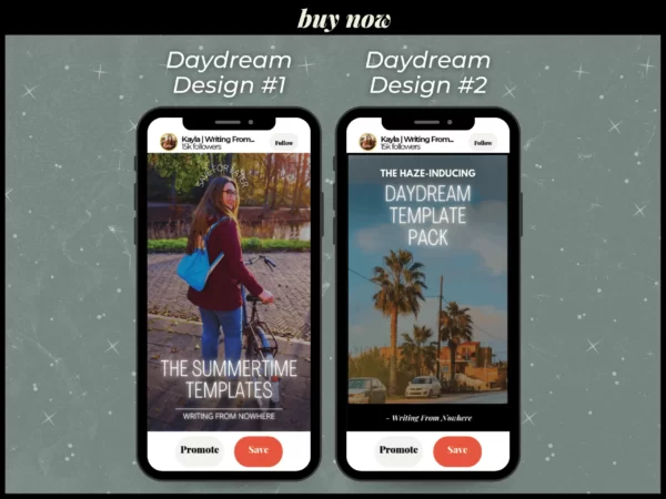 Two iPhones with a Pinterest template displayed on each of them with the text "buy now"