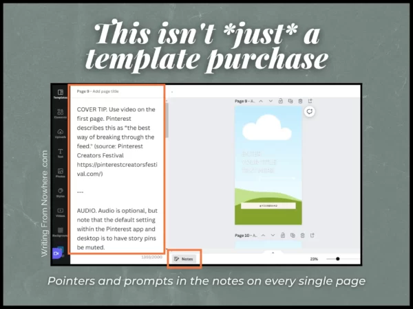 Screenshot of Canva slides with tips for customizing templates in the notes