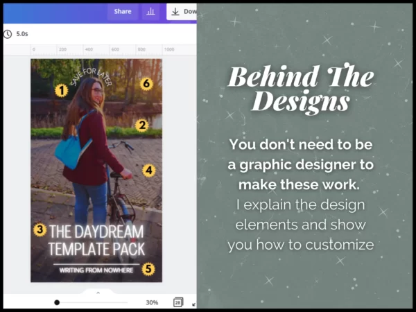 A screenshot of Pinterest templates in Canva with the text "behind the designs"
