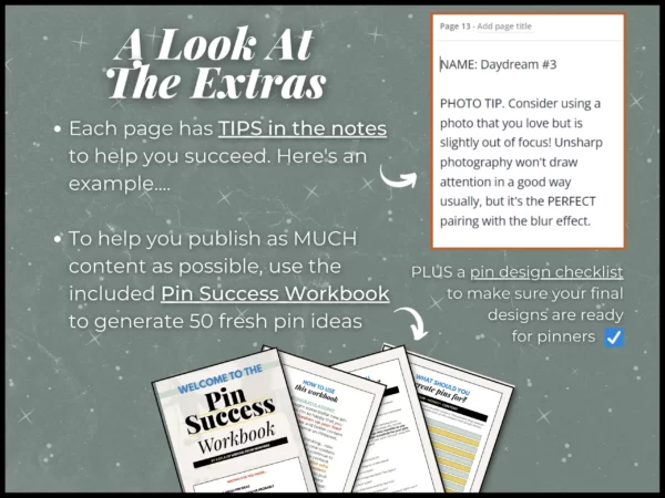 A look at the extras: each Pinterest template has tips in the notes section of Canva plus customers get a free pin success workbook