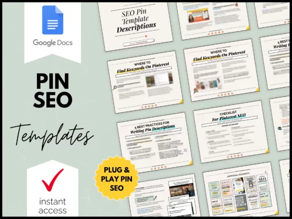 Text reads "Pinterest SEO pin description templates" and has a flat-lay of pages from the included workbook