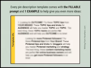 Example of how the pin SEO templates work, showing a screenshot of a description template with most of the words blurred, showing only "These TOPIC tips and bricks for AUDIENCE will help you master TOPIC and TOPIC." The capped words are meant to be replaced with your keywords. An example of this description in use is also provided: "These Pinterest tips and tricks for bloggers will help you master Pinterest marketing and strategy."
