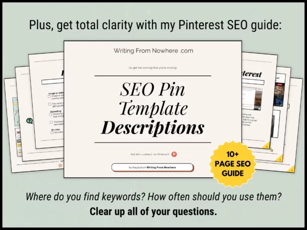 Pages of the Pinterest SEO guide with text that says "Where do you find keywords? How often should you use them?" Clear up all of your questions