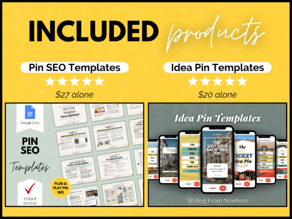 Included products: Pinterest SEO templates and idea pin templates.