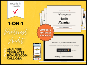 Text reads "1-on-1 Pinterest audit" with a laptop, checklist PDF and templates that are all included in purchase