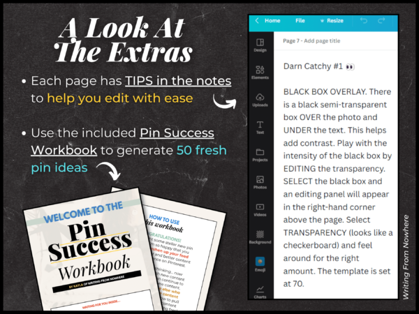 Text reads "A look at the extras - each page has tips in the notes to help you edit with ease. Use the included Pin Success Workbook to generate 50 fresh pin ideas."