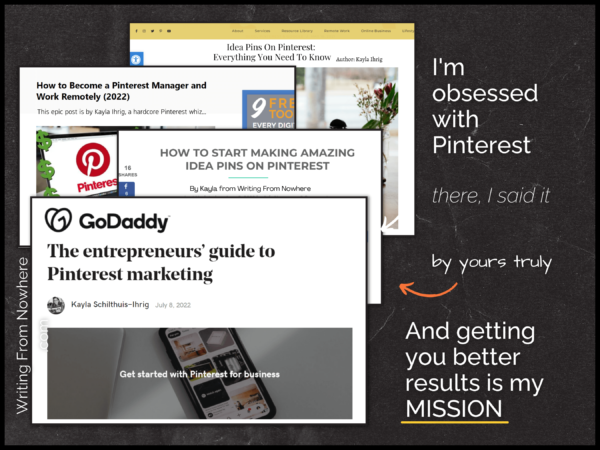 Screenshot of different Pinterest features such as writing for GoDaddy and other websites